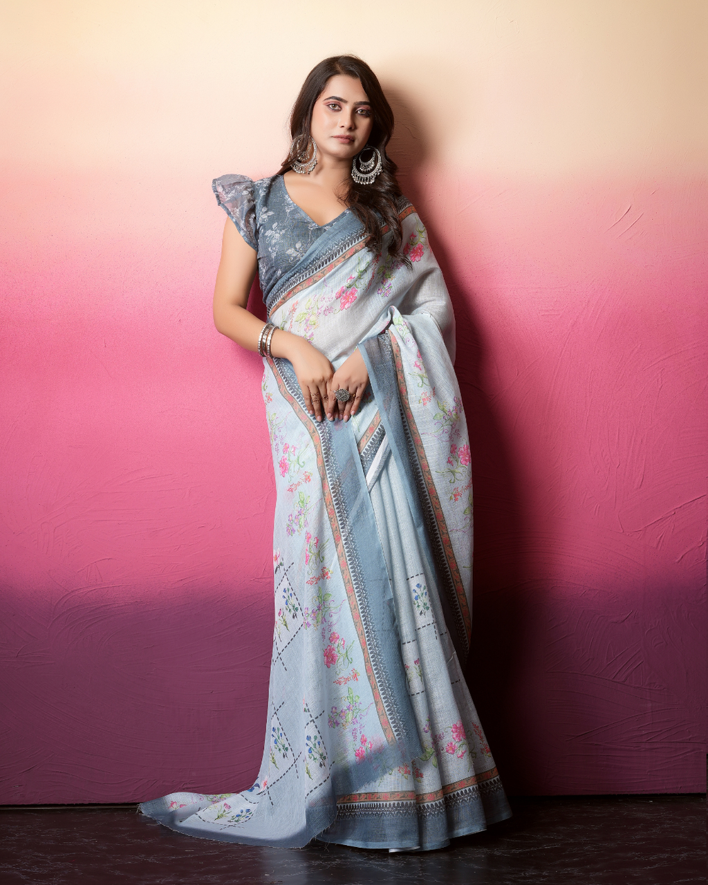 Powder Blue Grid Floral Saree