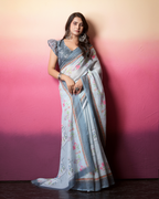 Powder Blue Grid Floral Saree