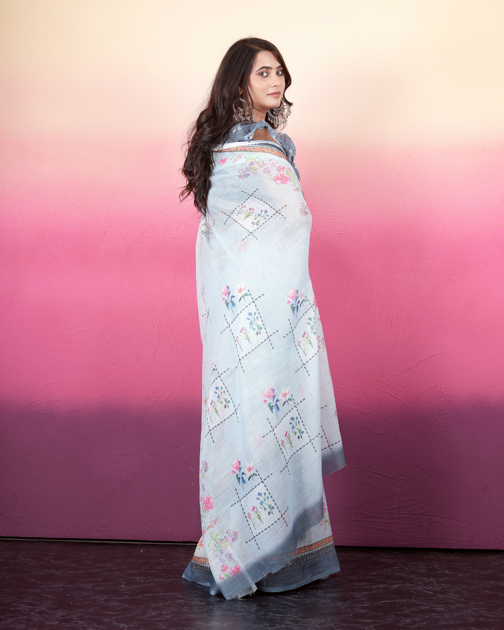 Powder Blue Grid Floral Saree