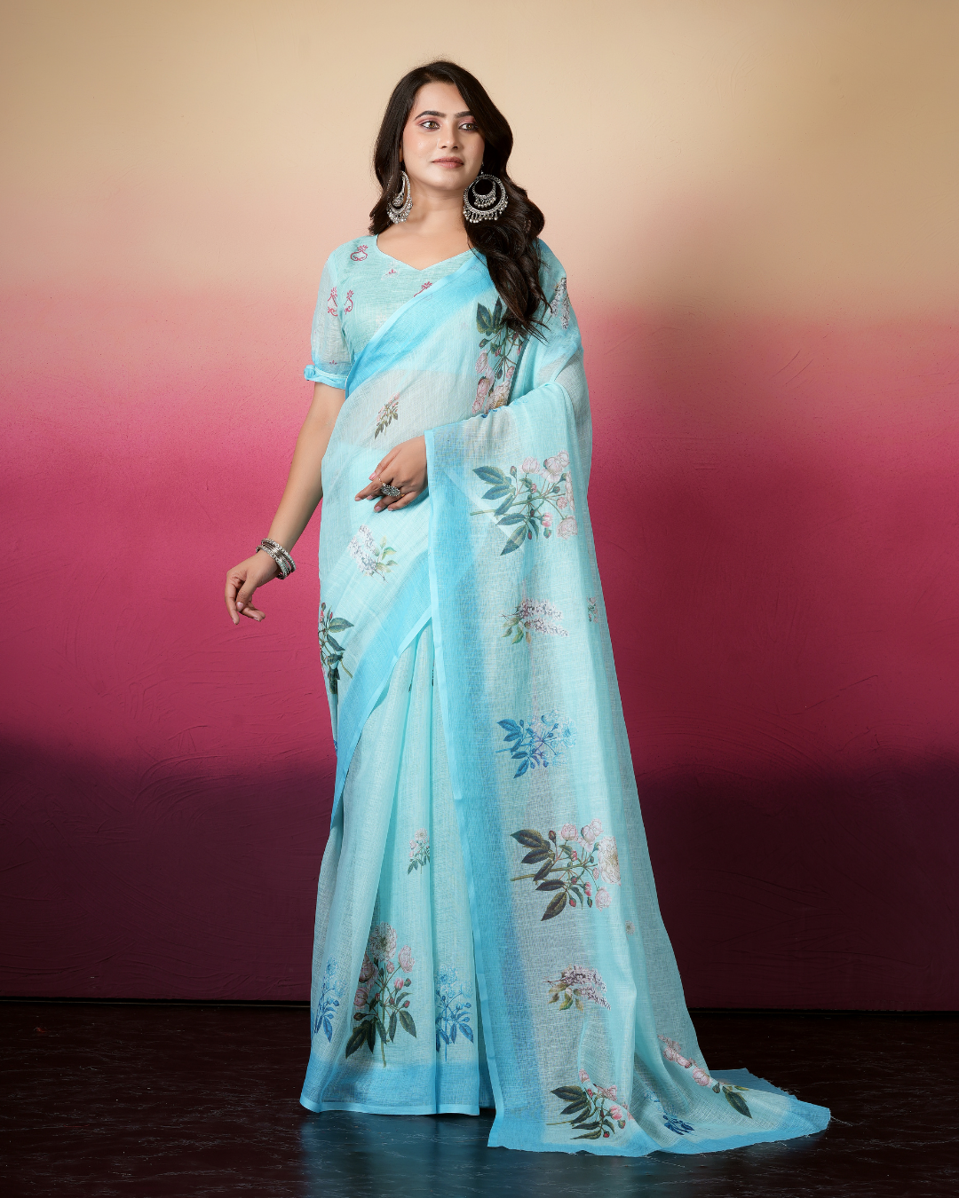 Sky Blue Magnolia Floral Saree