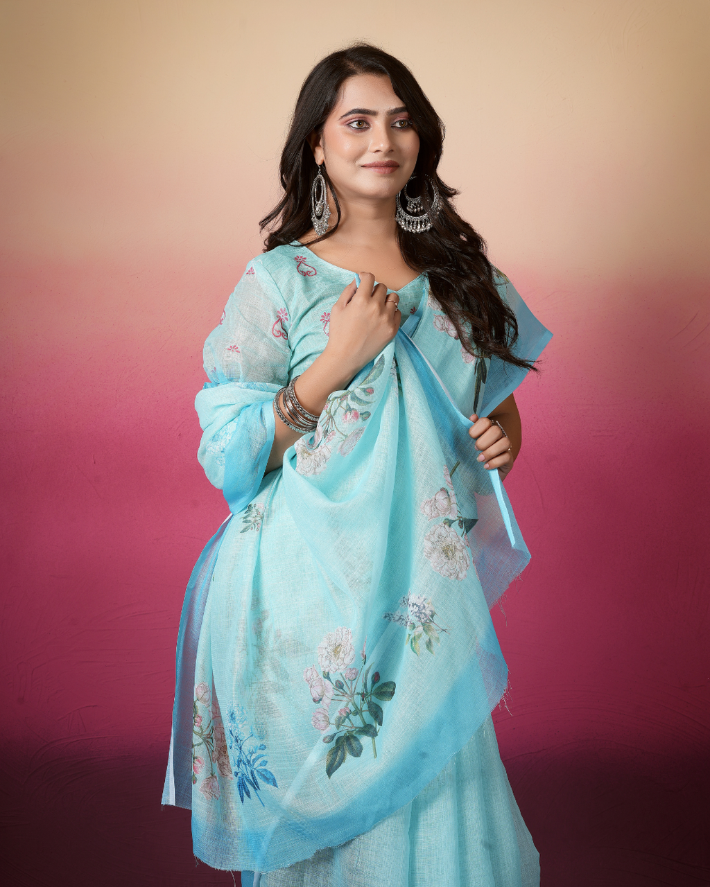 Sky Blue Magnolia Floral Saree