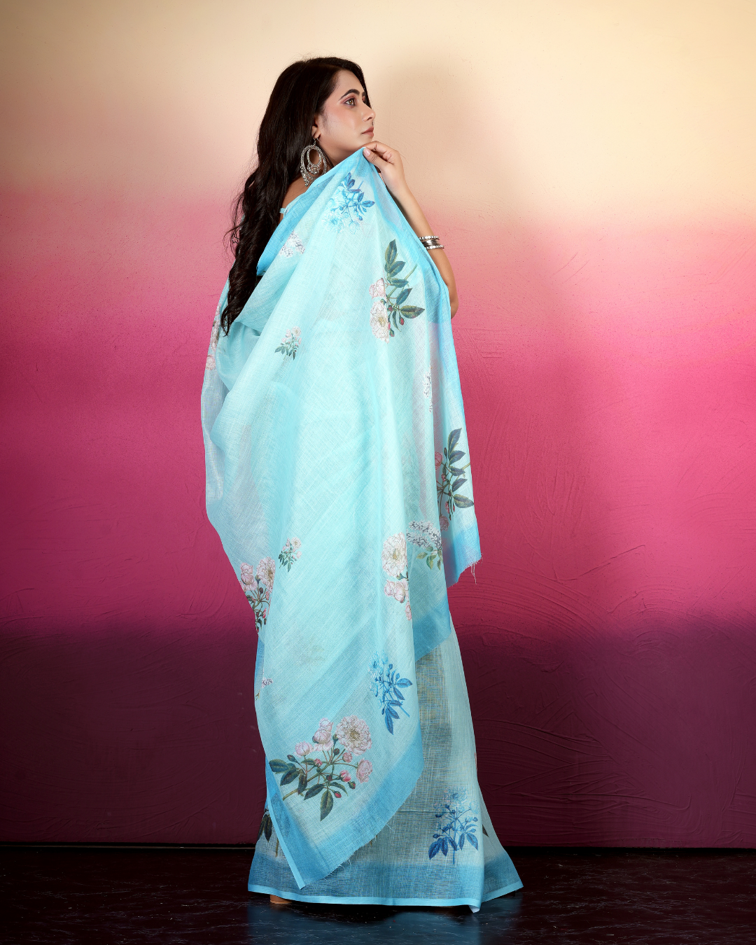 Sky Blue Magnolia Floral Saree
