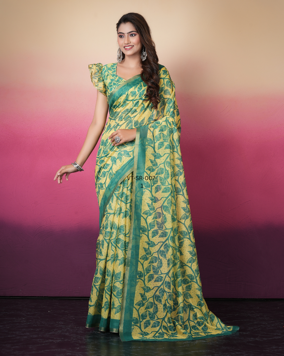 Yellow Botanical Leaf Jaal Saree