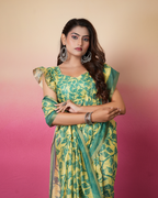 Yellow Botanical Leaf Jaal Saree