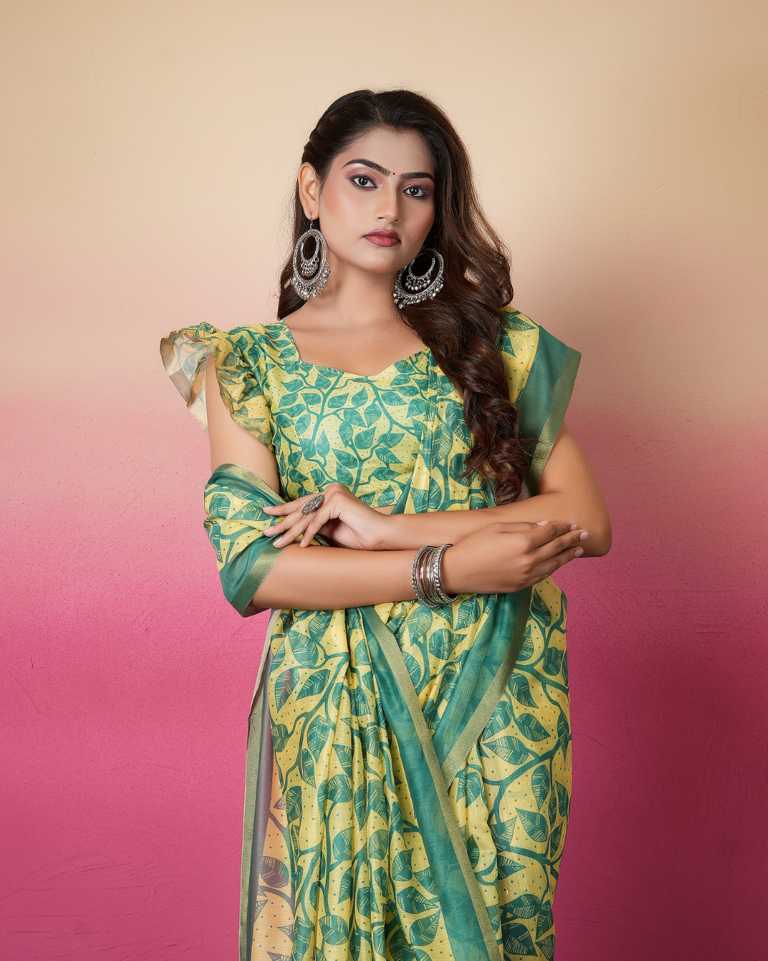 Yellow Botanical Leaf Jaal Saree