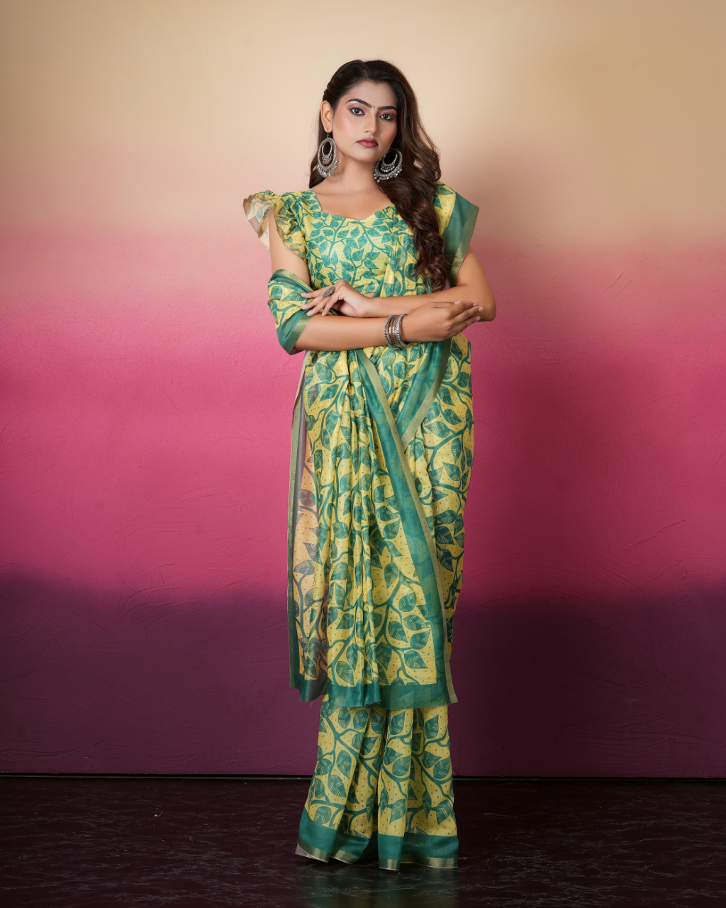 Yellow Botanical Leaf Jaal Saree