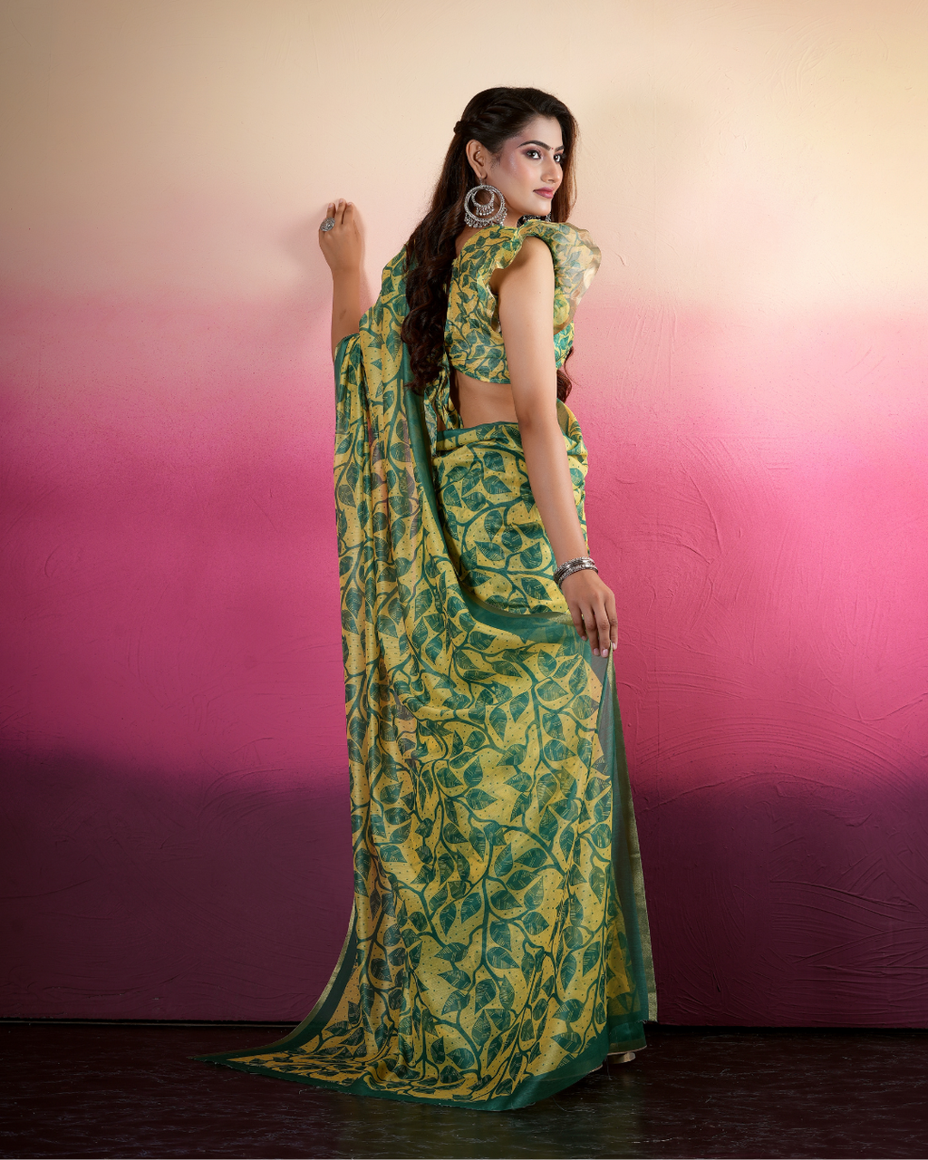 Yellow Botanical Leaf Jaal Saree