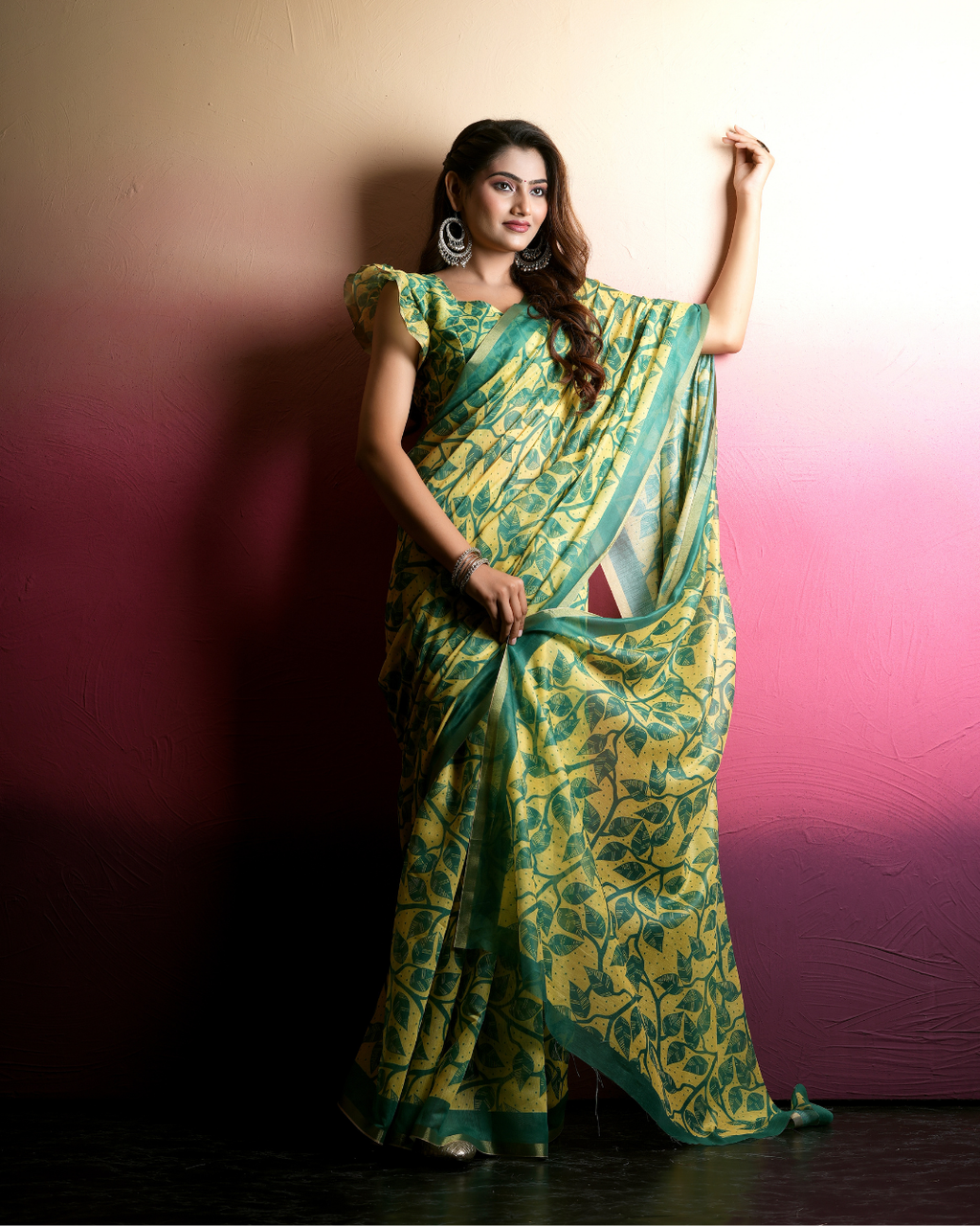 Yellow Botanical Leaf Jaal Saree