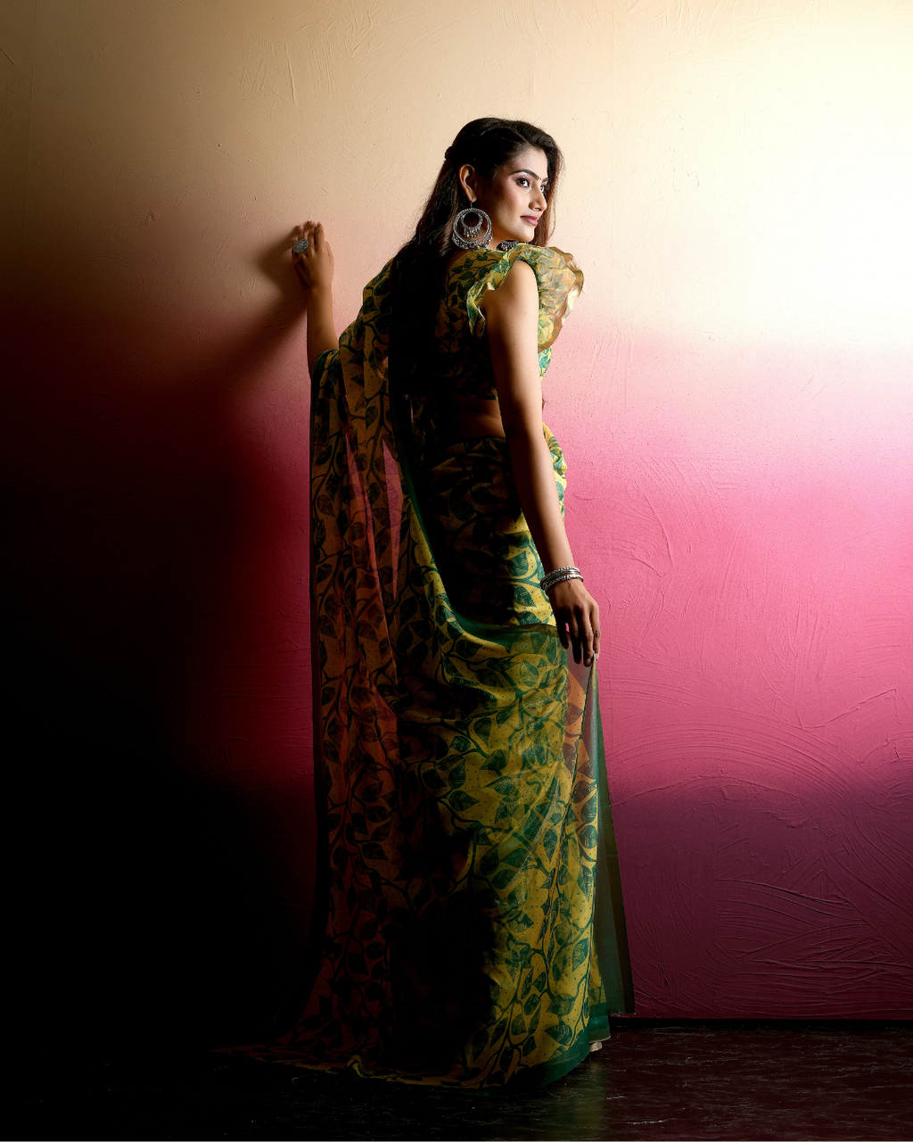 Yellow Botanical Leaf Jaal Saree