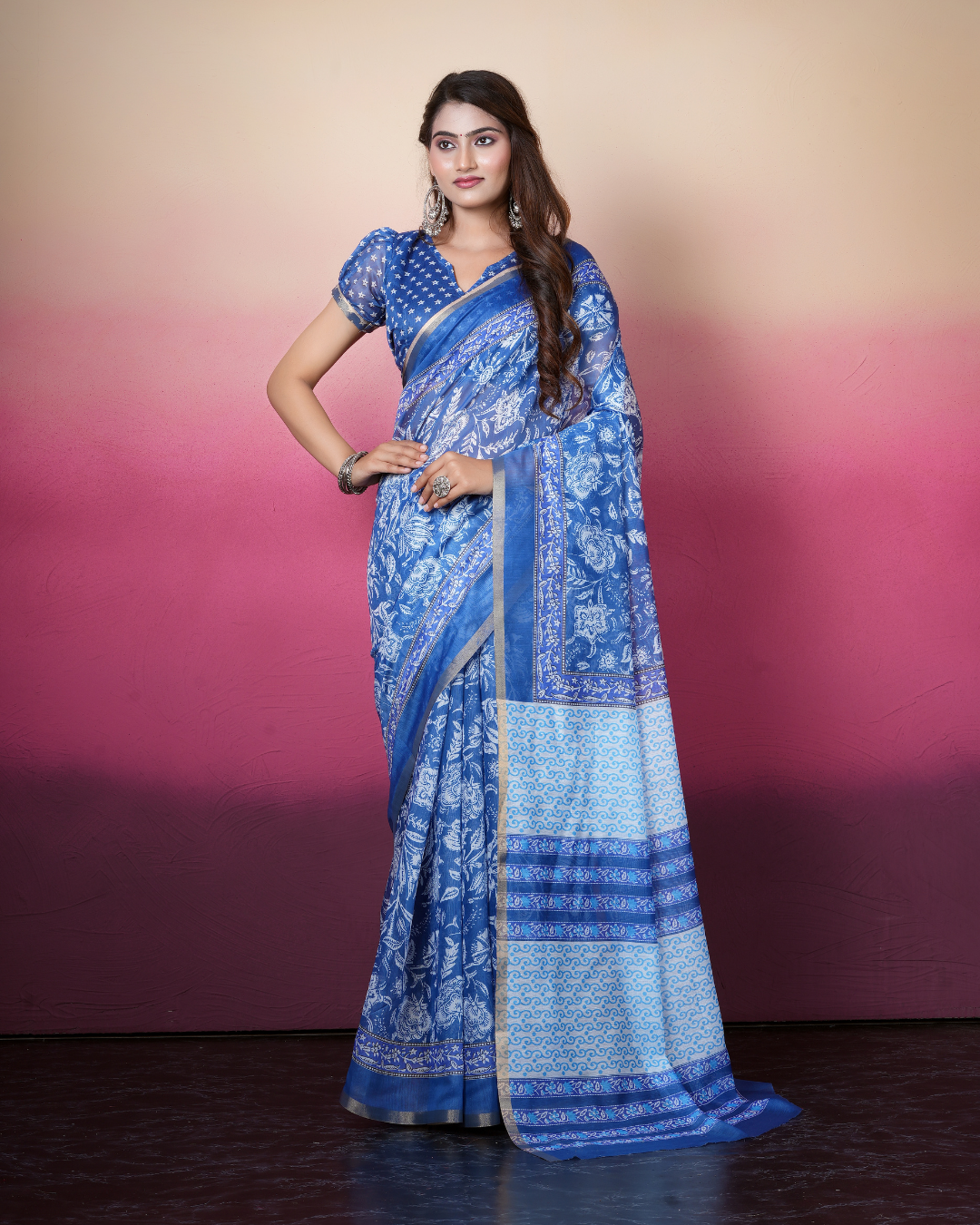 Cobalt Blue Traditional Floral Saree
