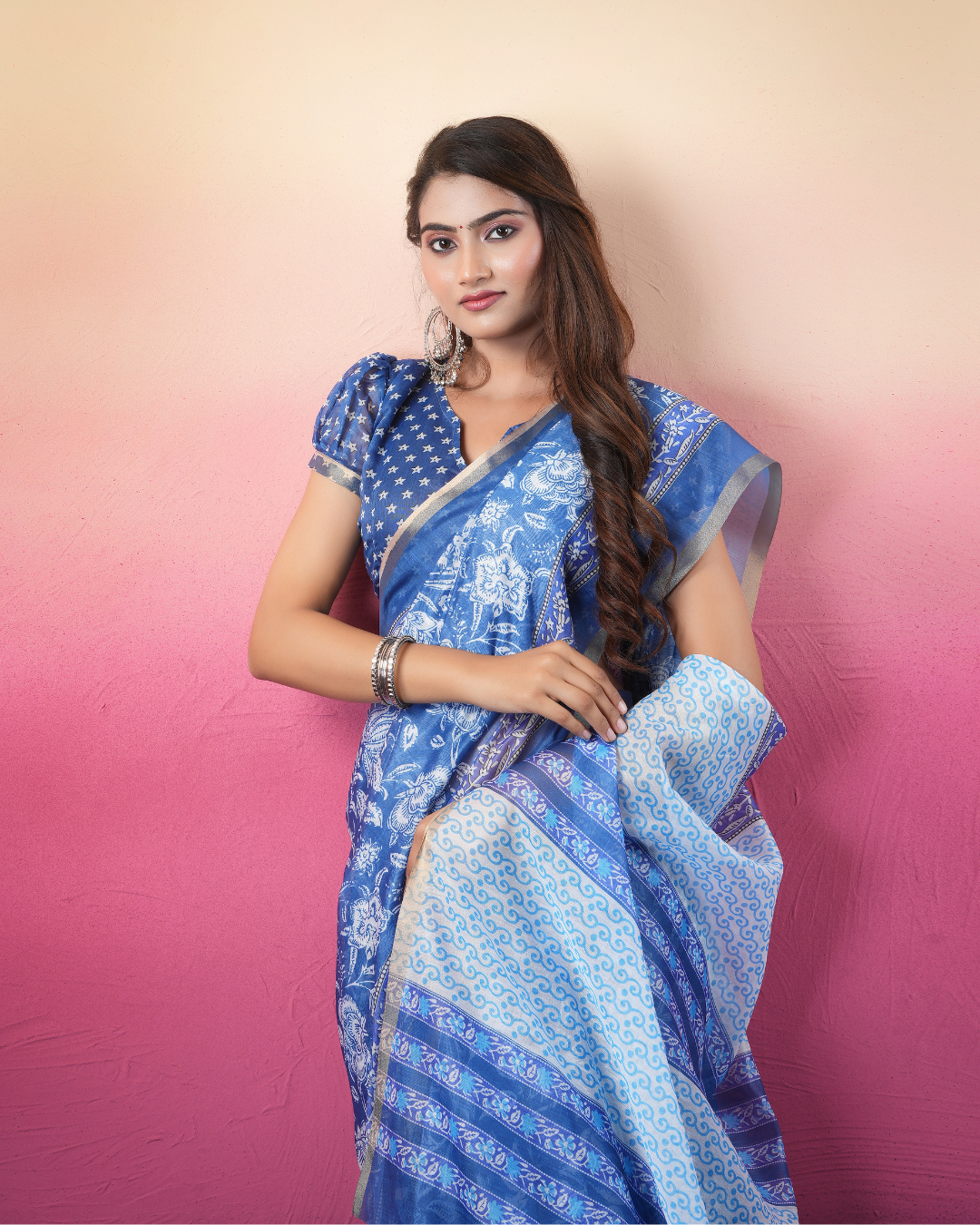 Cobalt Blue Traditional Floral Saree
