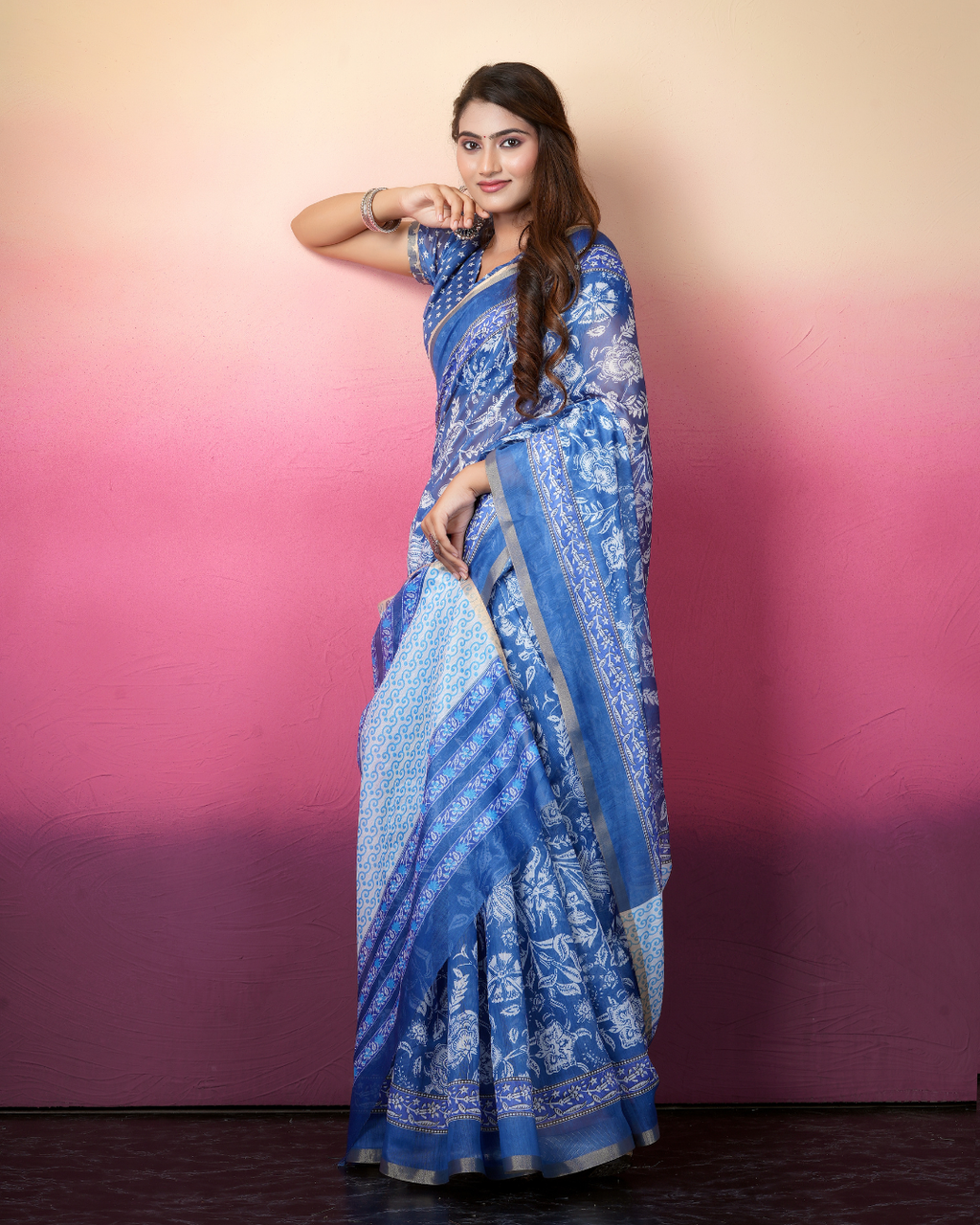 Cobalt Blue Traditional Floral Saree
