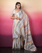 White Feather Palm Foliage Saree