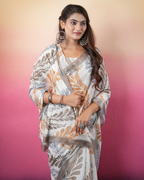 White Feather Palm Foliage Saree