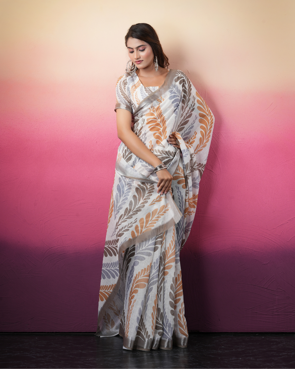 White Feather Palm Foliage Saree