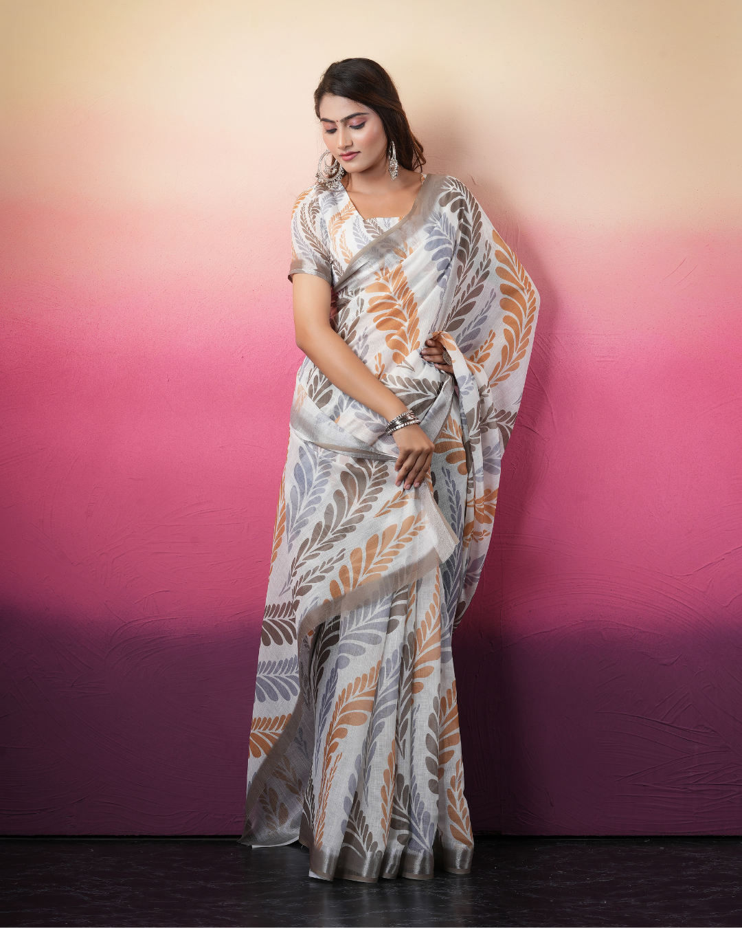 White Feather Palm Foliage Saree