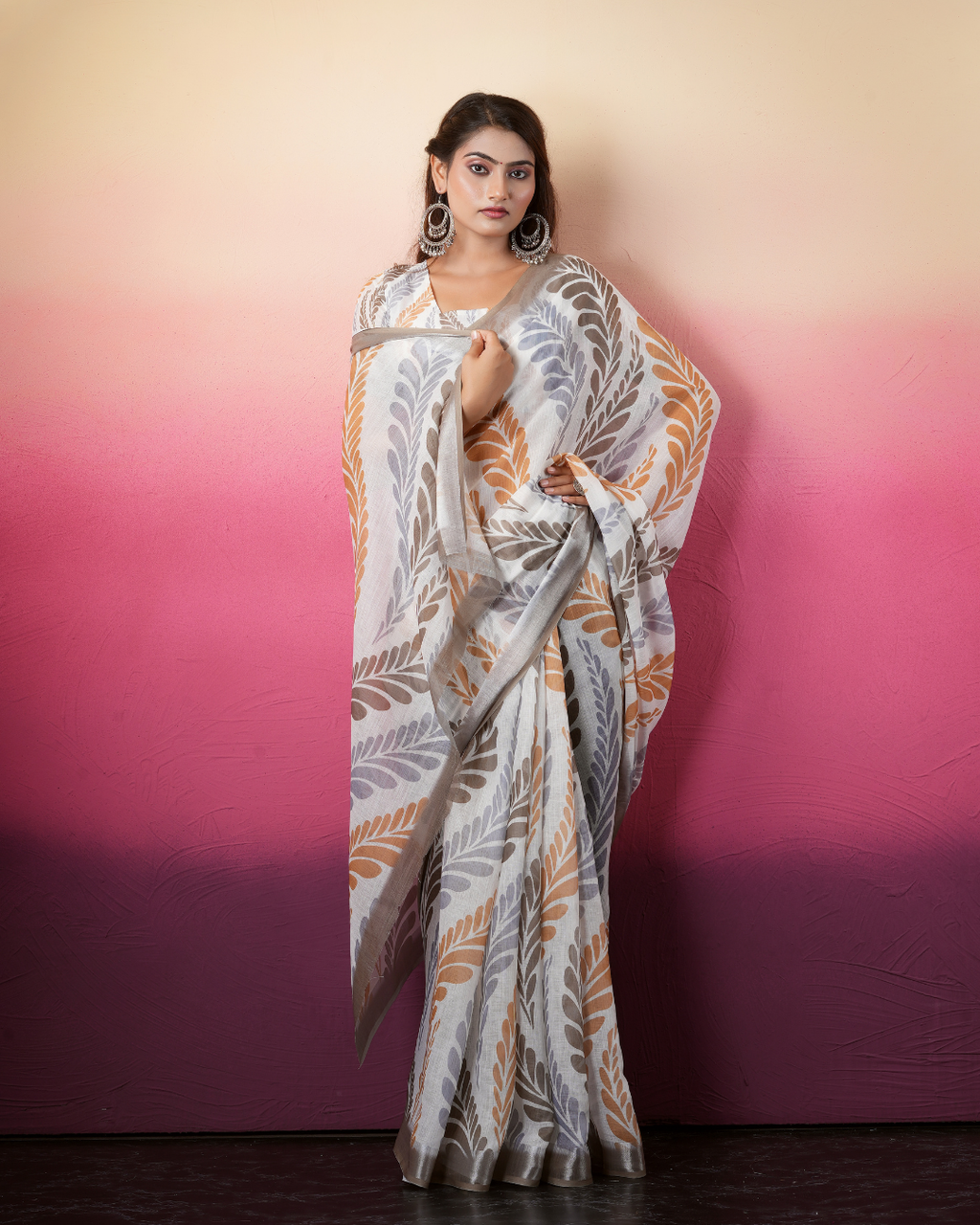 White Feather Palm Foliage Saree