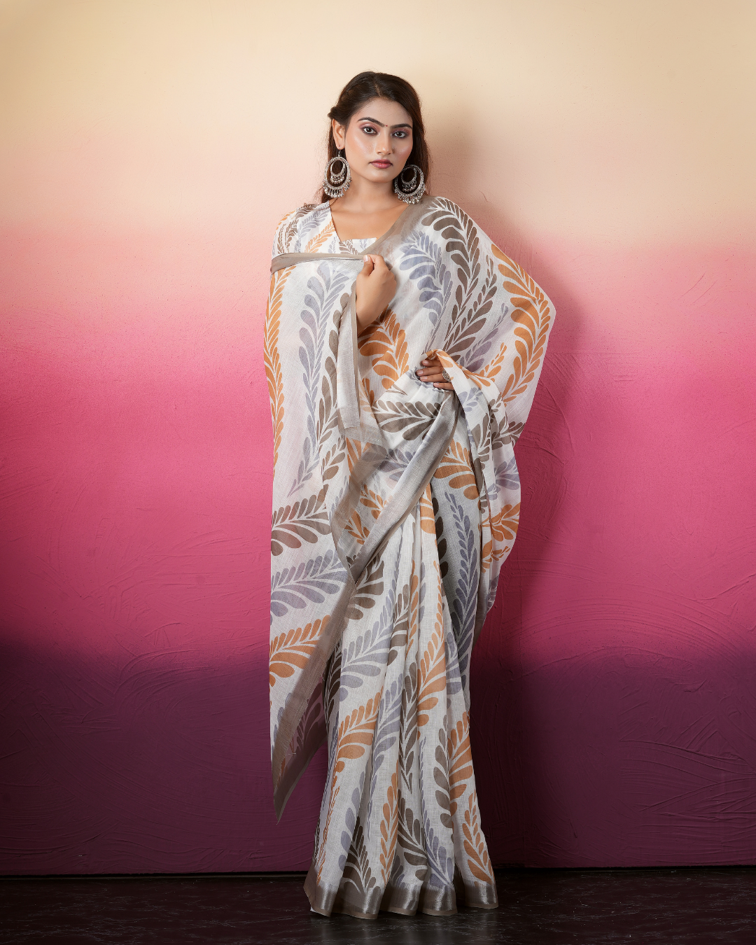 White Feather Palm Foliage Saree