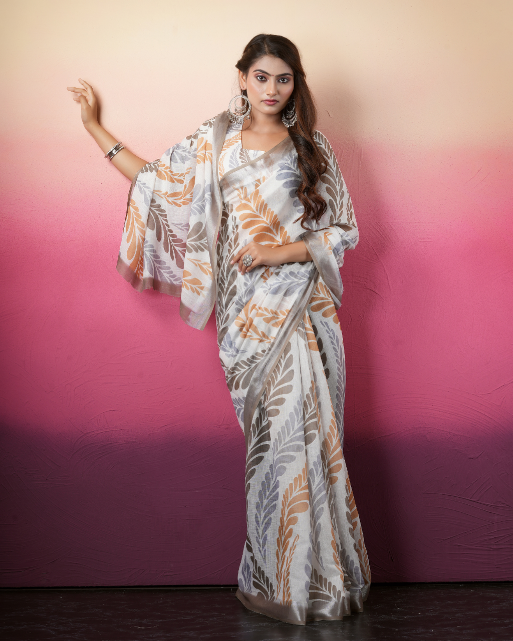 White Feather Palm Foliage Saree