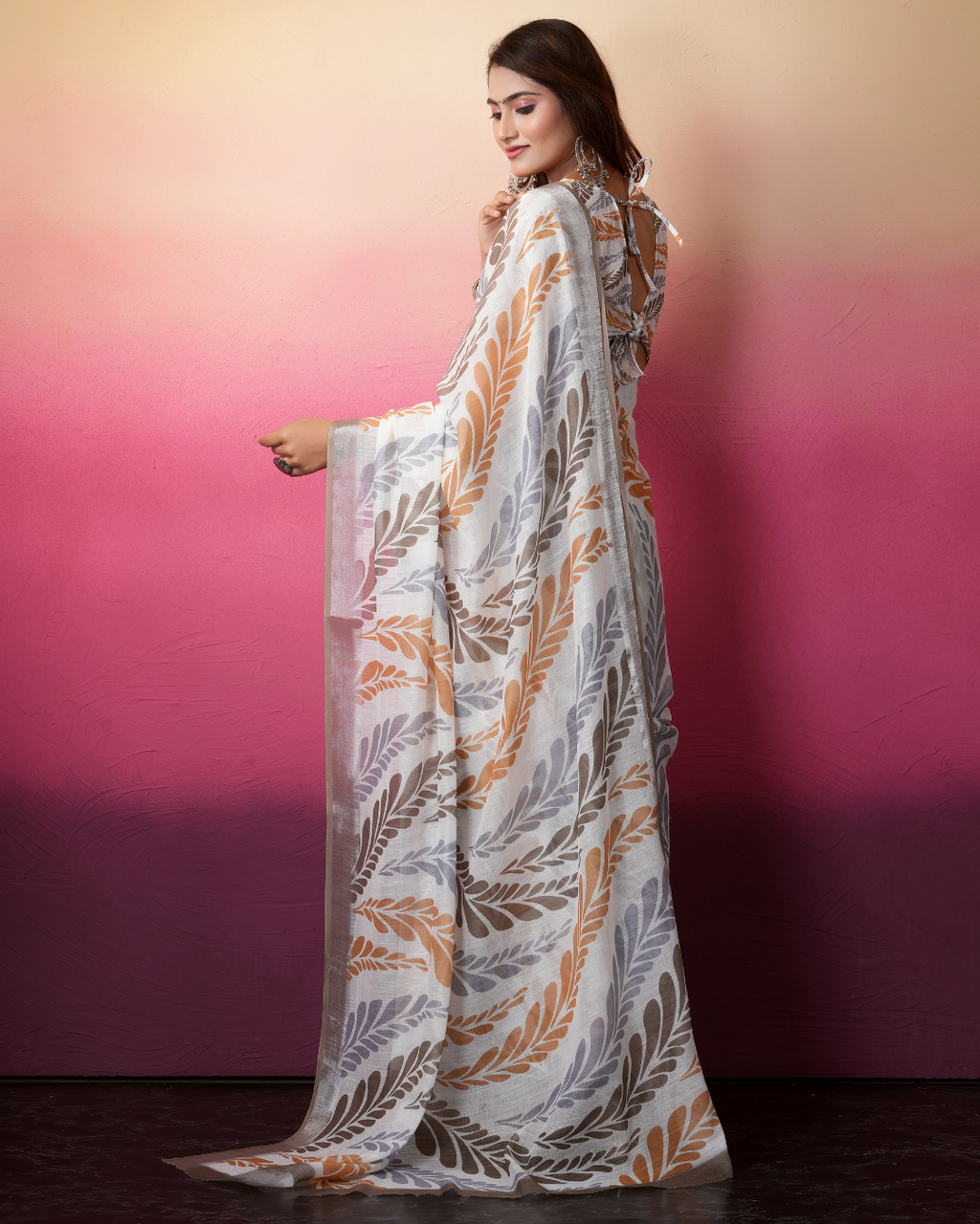 White Feather Palm Foliage Saree