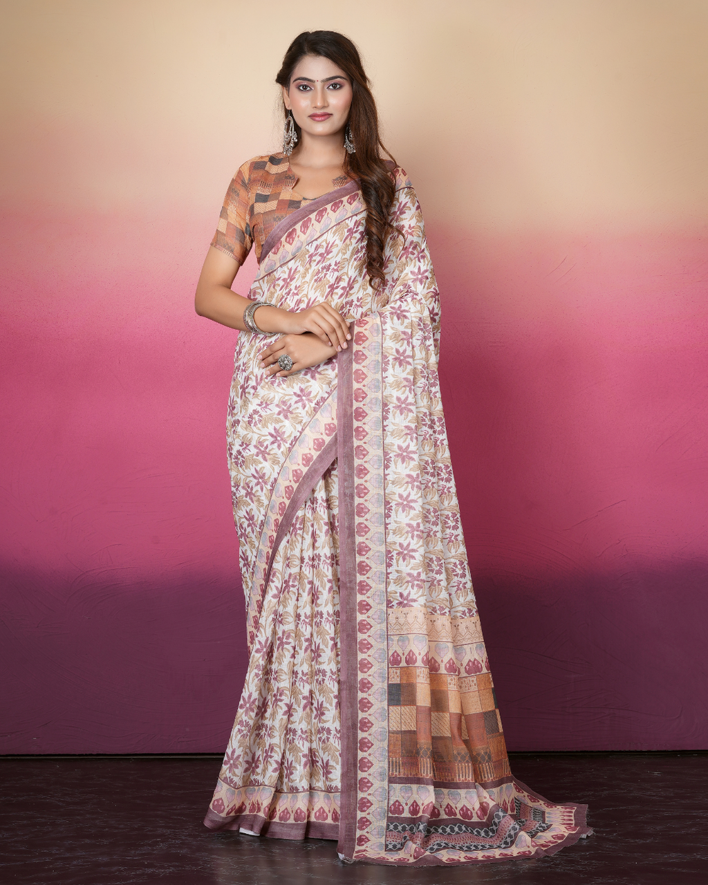 Off-White Wine Floral Block Saree