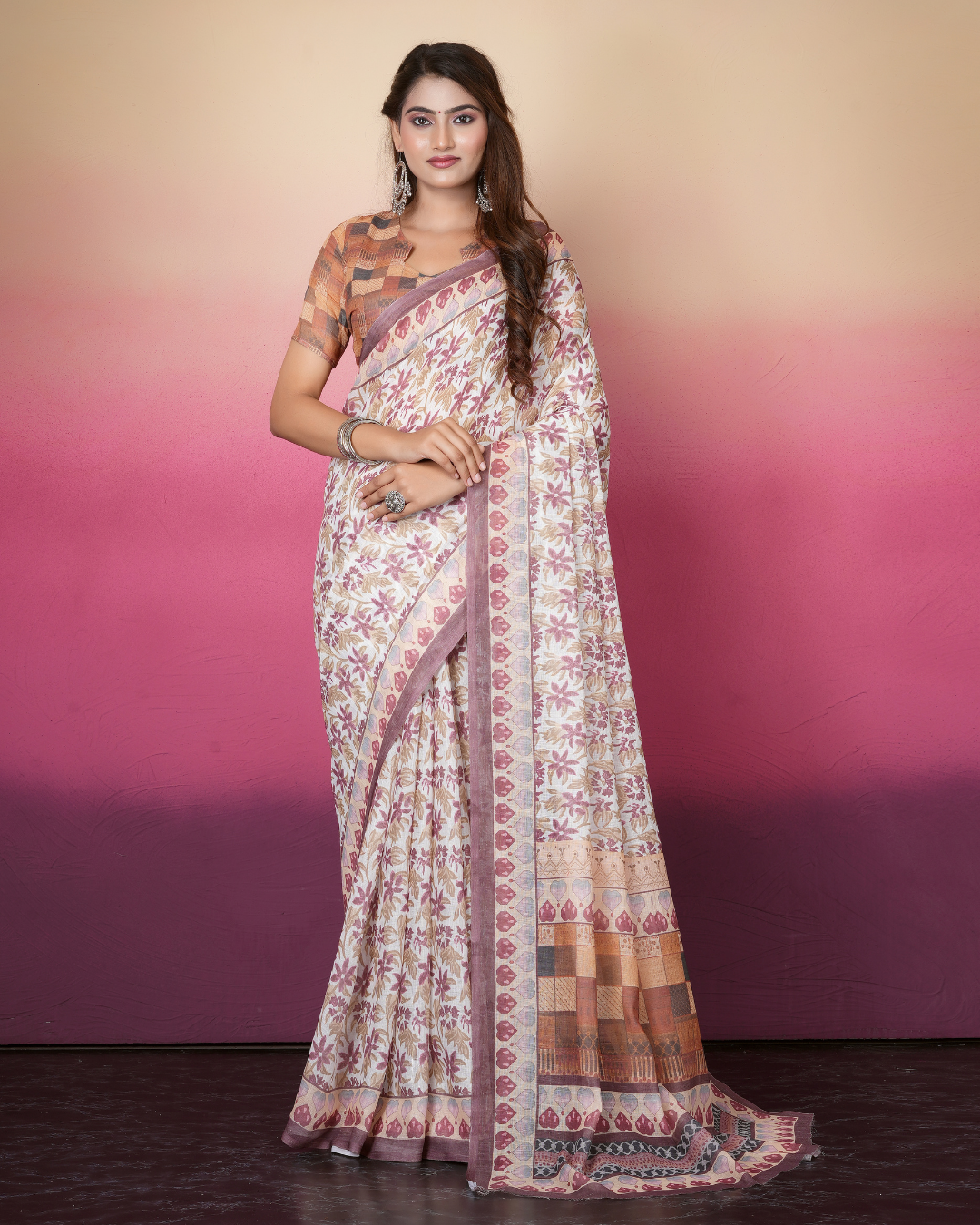Off-White Wine Floral Block Saree