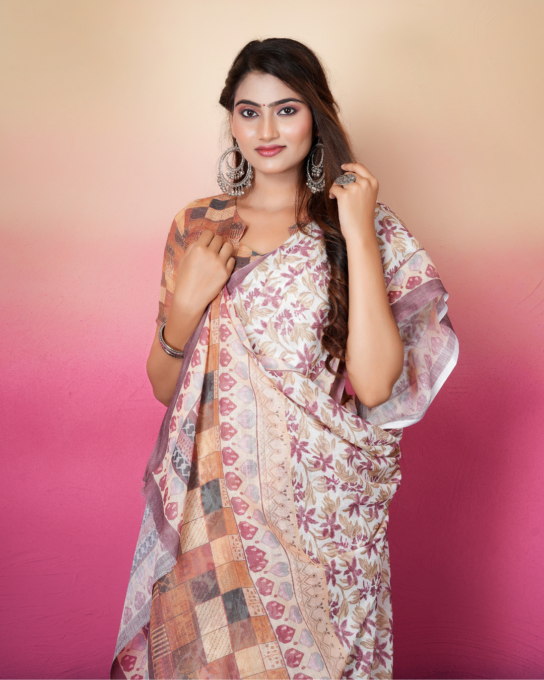 Off-White Wine Floral Block Saree