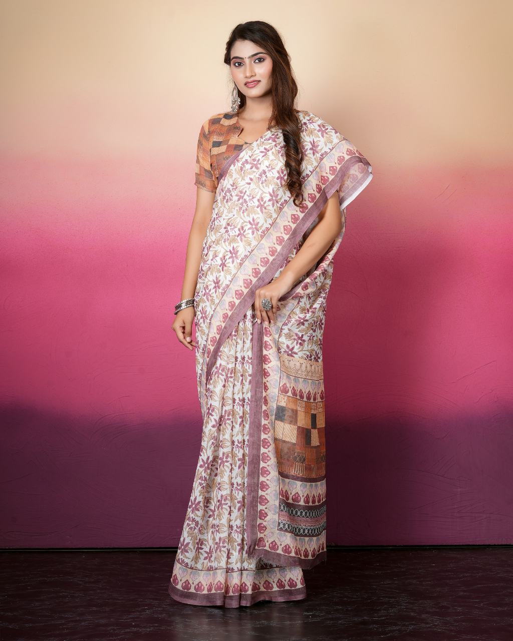 Off-White Wine Floral Block Saree