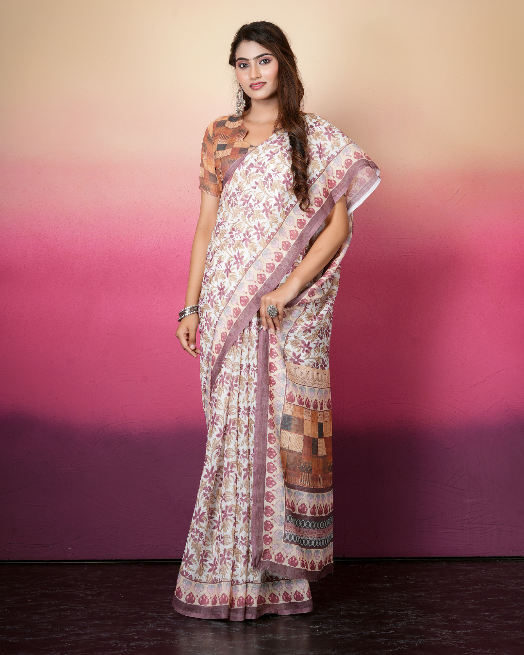 Off-White Wine Floral Block Saree