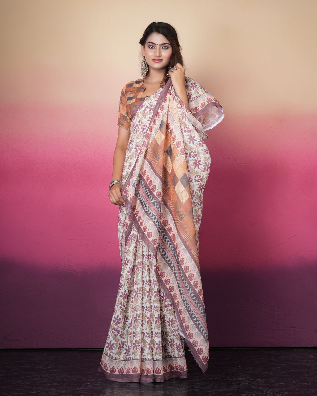 Off-White Wine Floral Block Saree