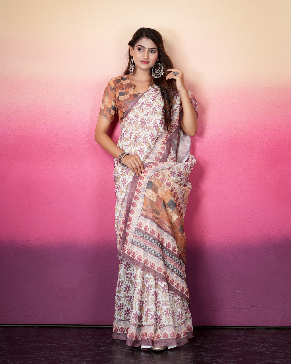 Off-White Wine Floral Block Saree