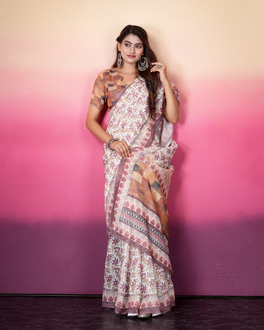 Off-White Wine Floral Block Saree
