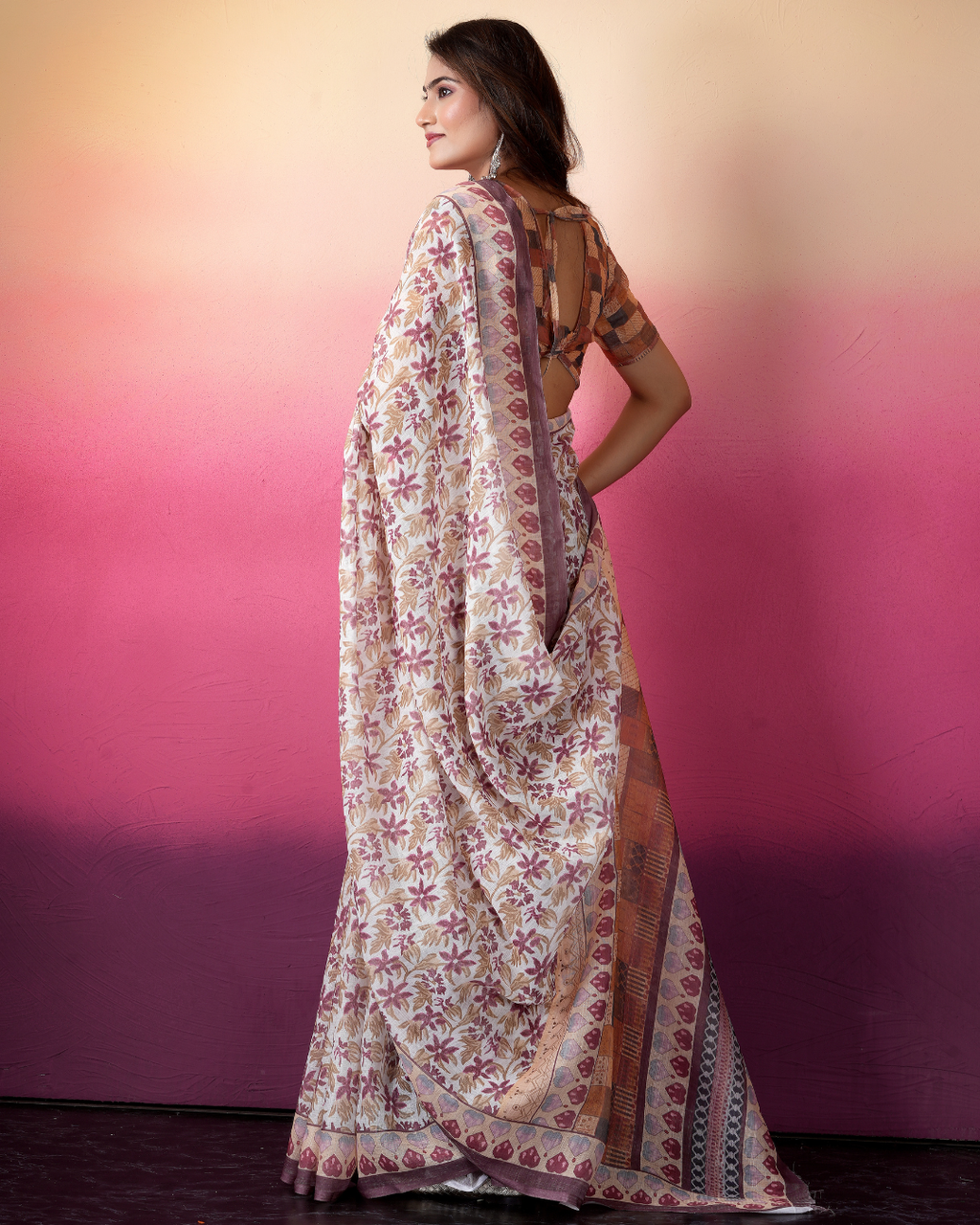 Off-White Wine Floral Block Saree