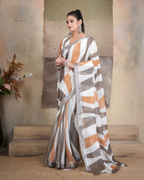 White & Mocha Color Block Saree
