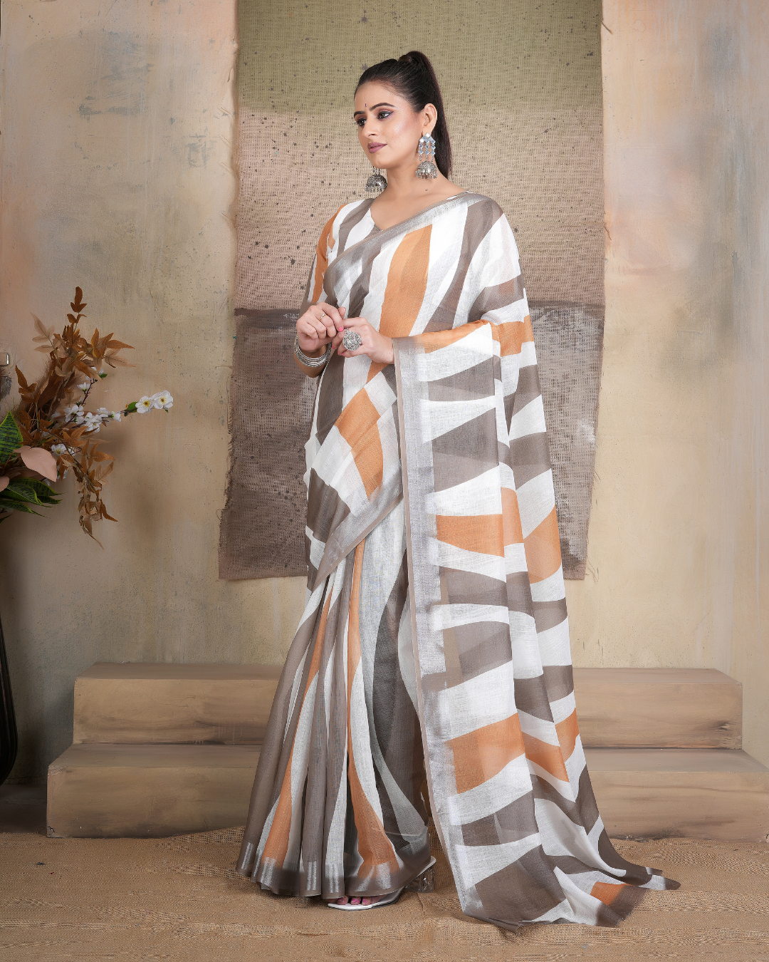 White & Mocha Color Block Saree