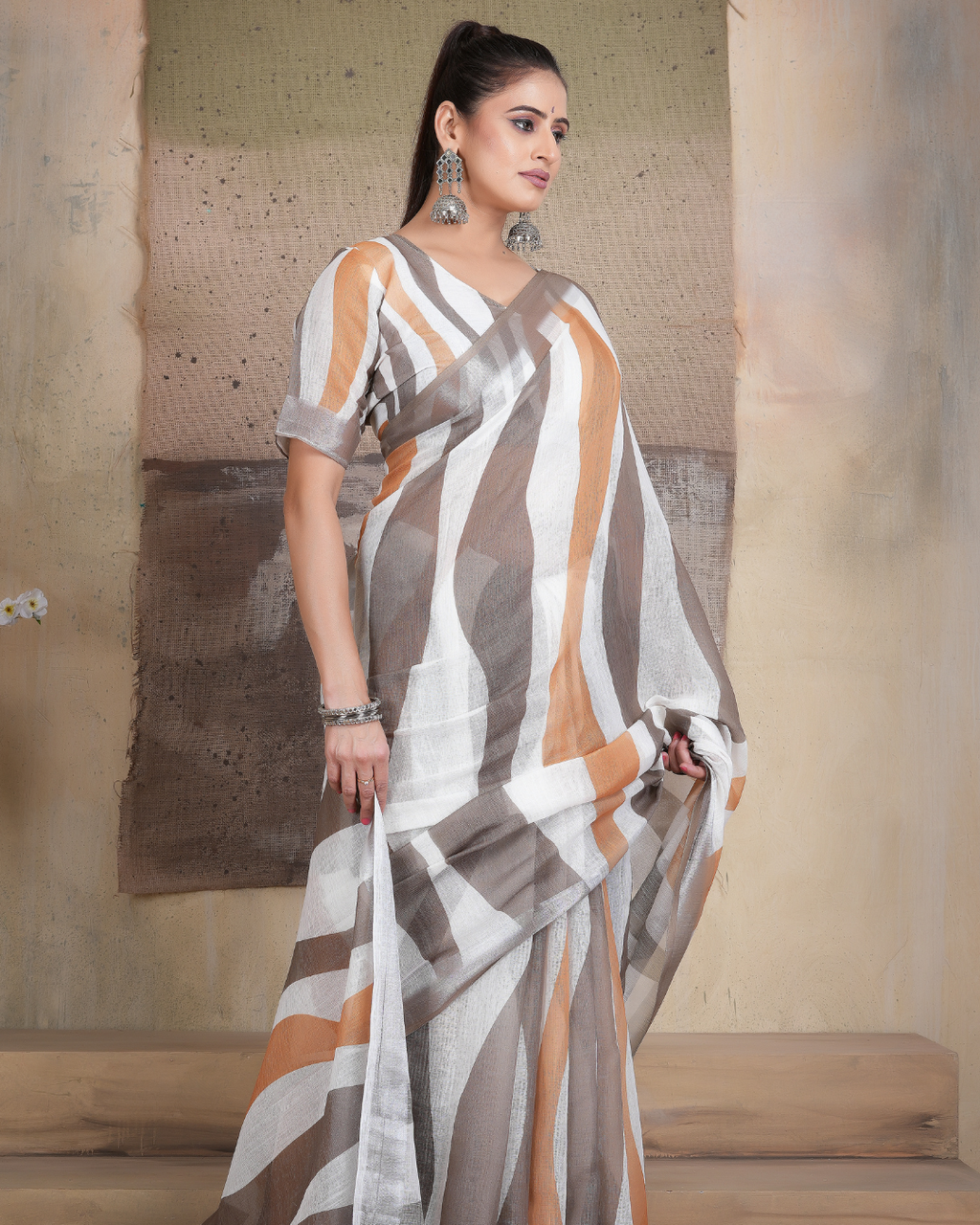 White & Mocha Color Block Saree
