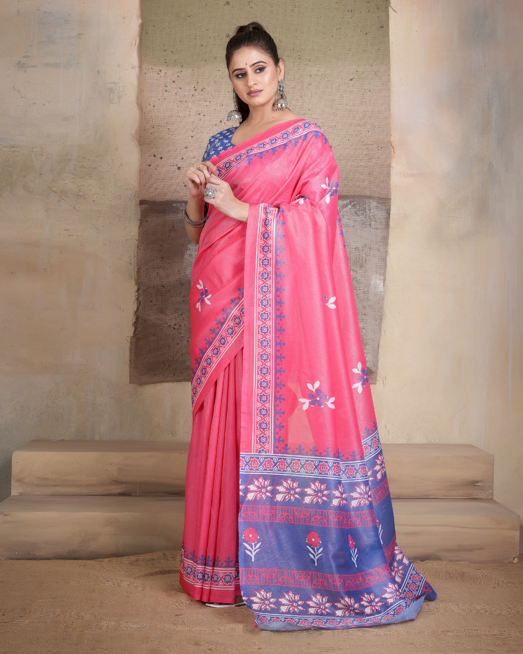 Bright Coral Floral Booti Saree