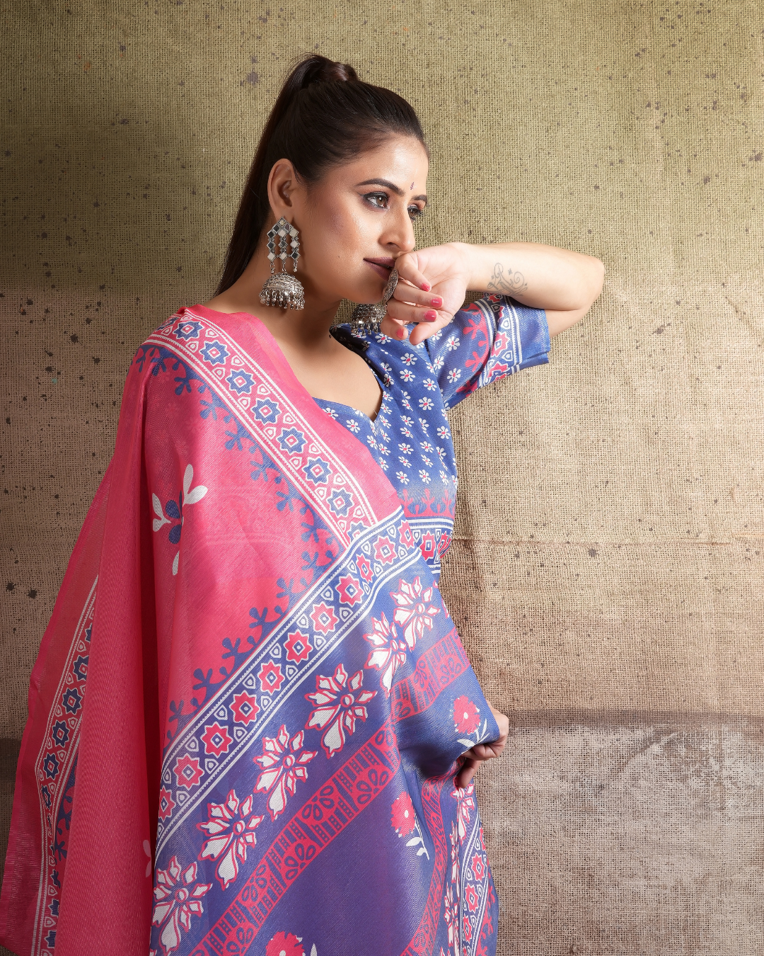 Bright Coral Floral Booti Saree