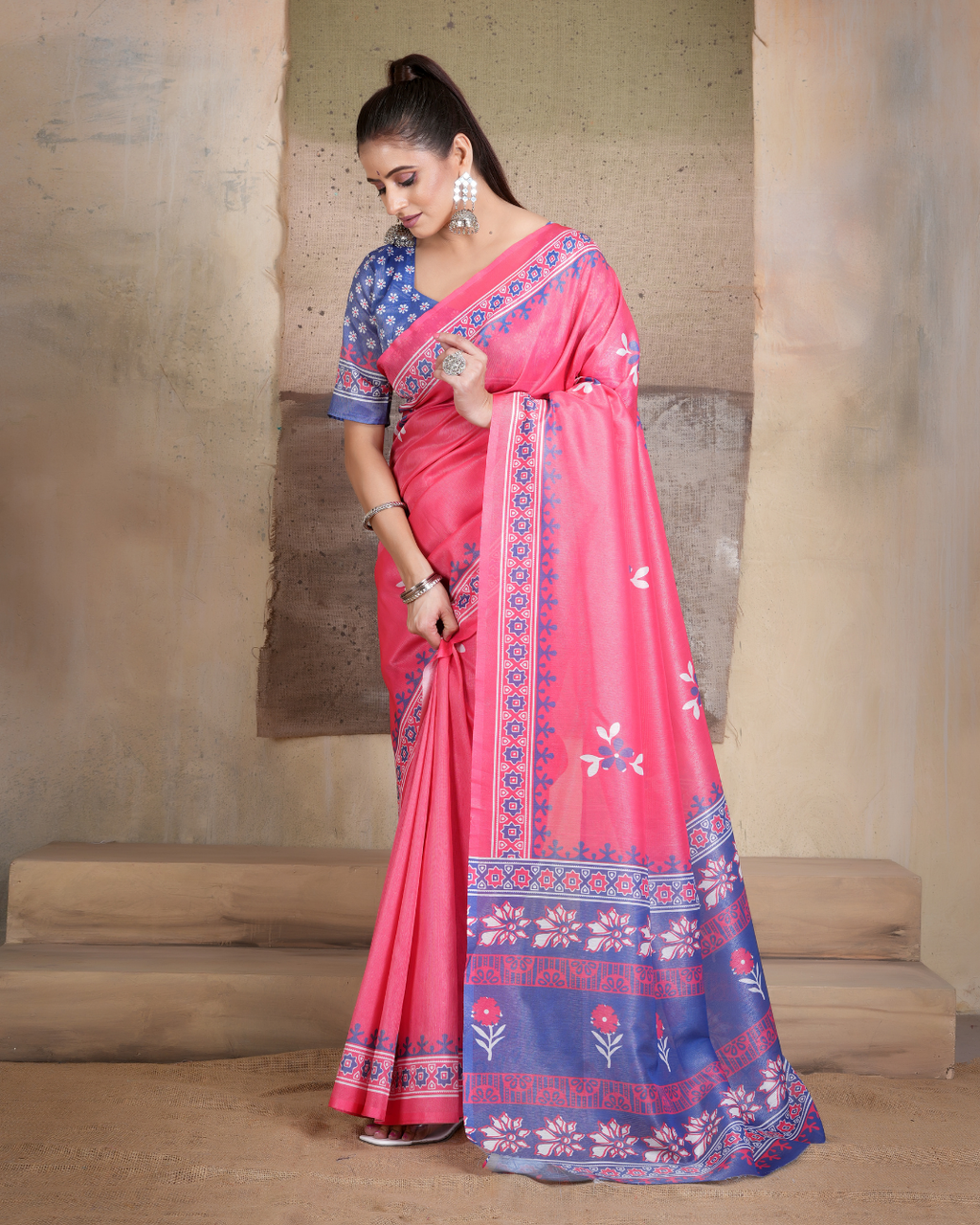 Bright Coral Floral Booti Saree