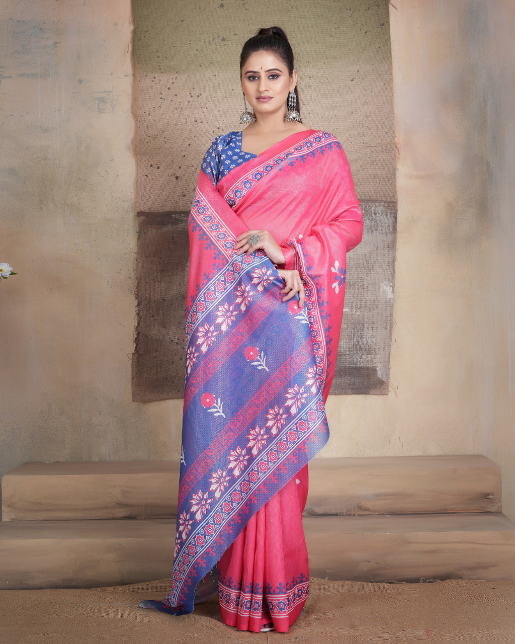 Bright Coral Floral Booti Saree