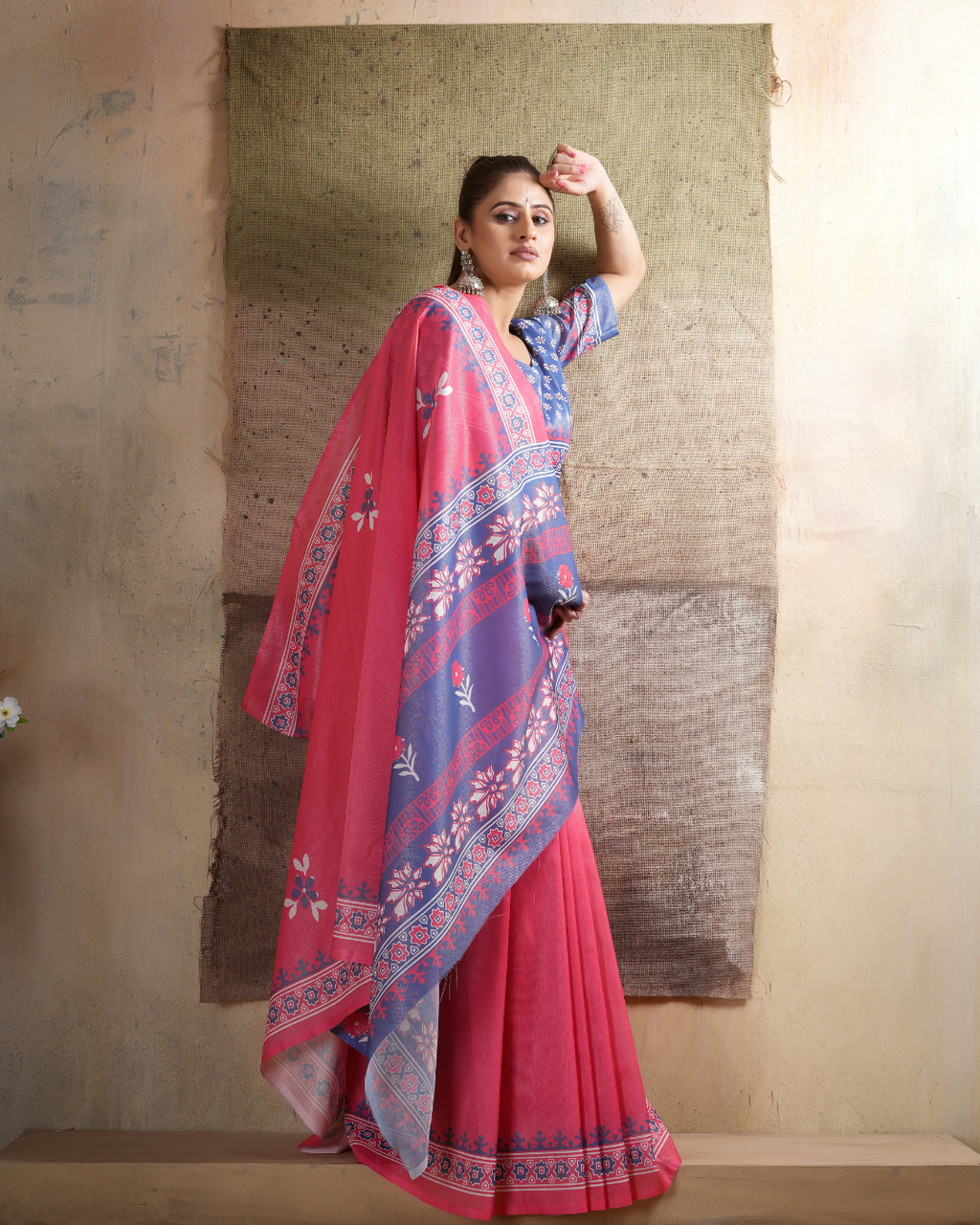 Bright Coral Floral Booti Saree