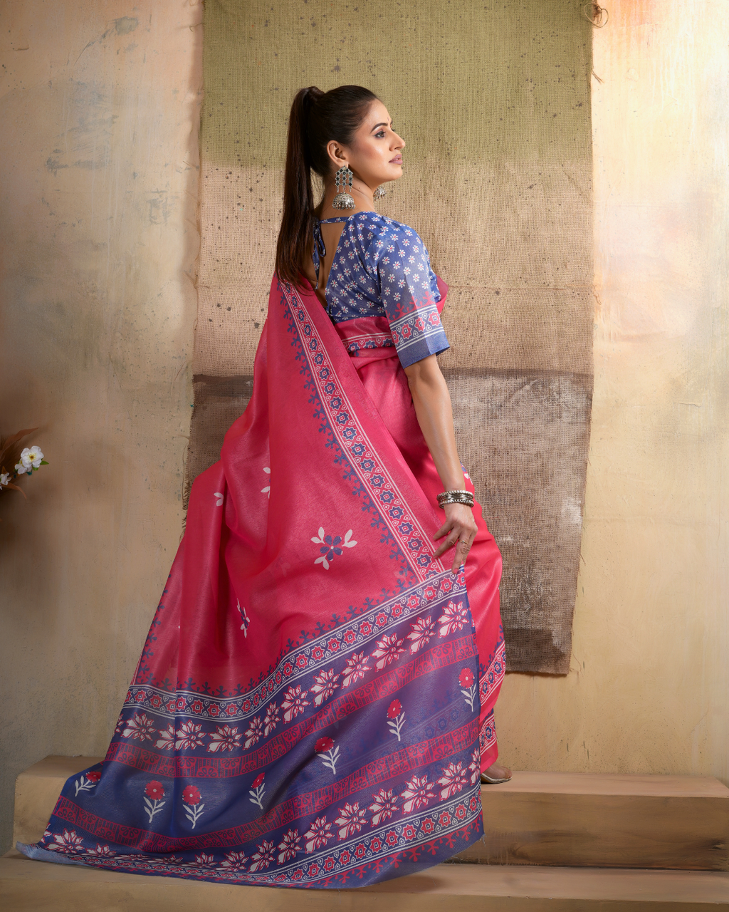 Bright Coral Floral Booti Saree