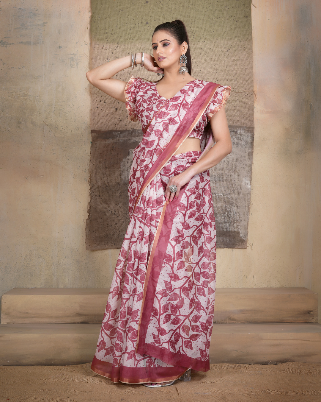 Wine Maroon Botanical Foliage Saree