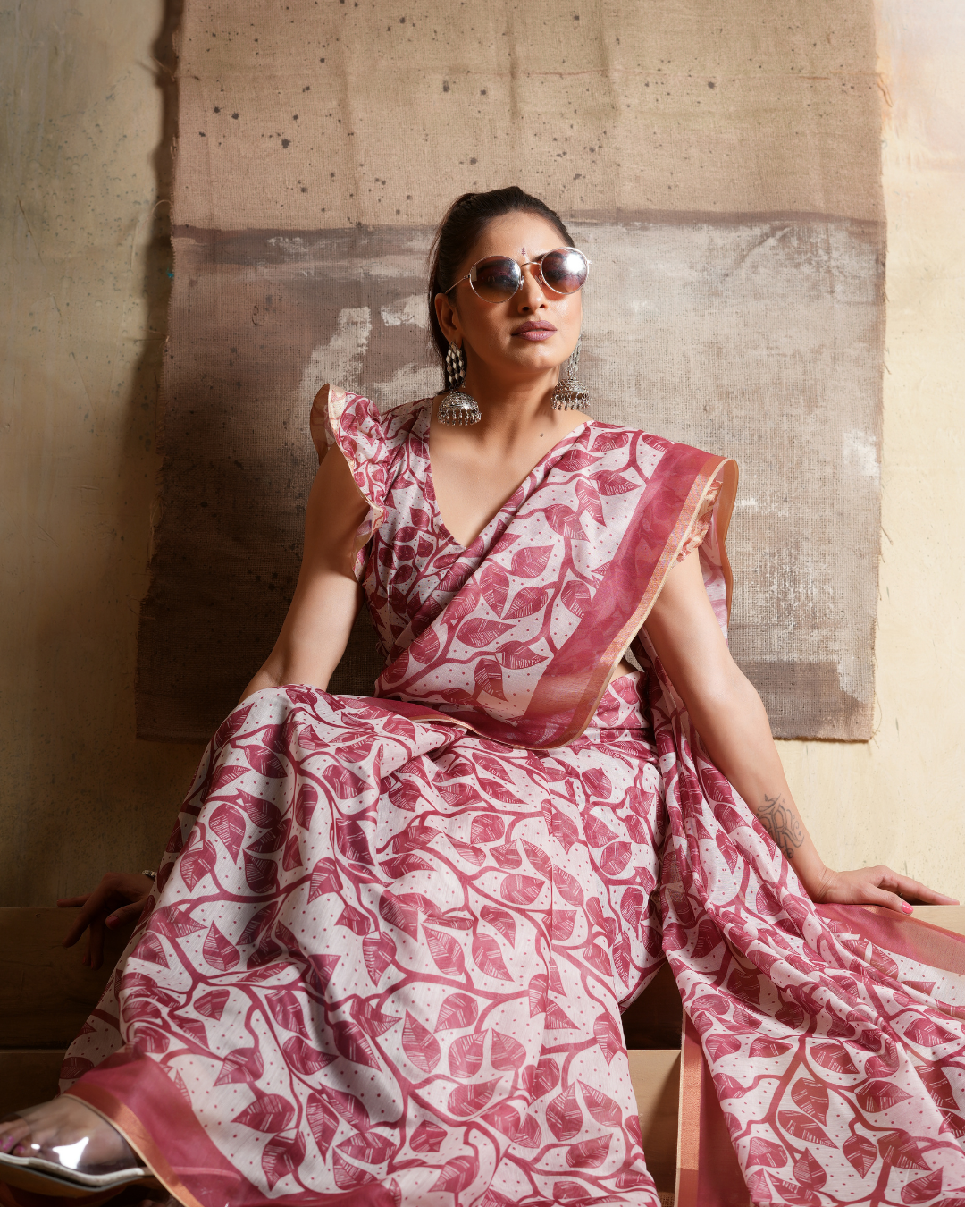 Wine Maroon Botanical Foliage Saree