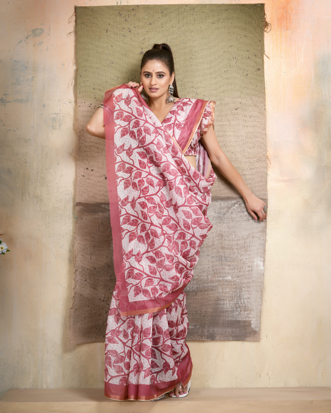 Wine Maroon Botanical Foliage Saree