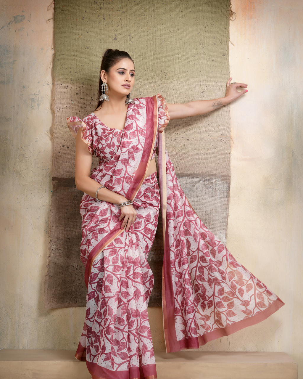 Wine Maroon Botanical Foliage Saree