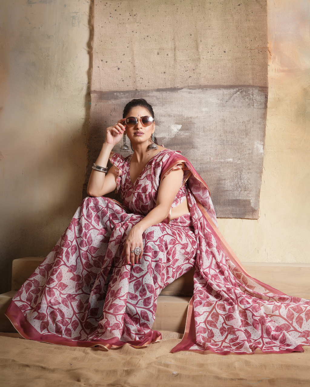 Wine Maroon Botanical Foliage Saree
