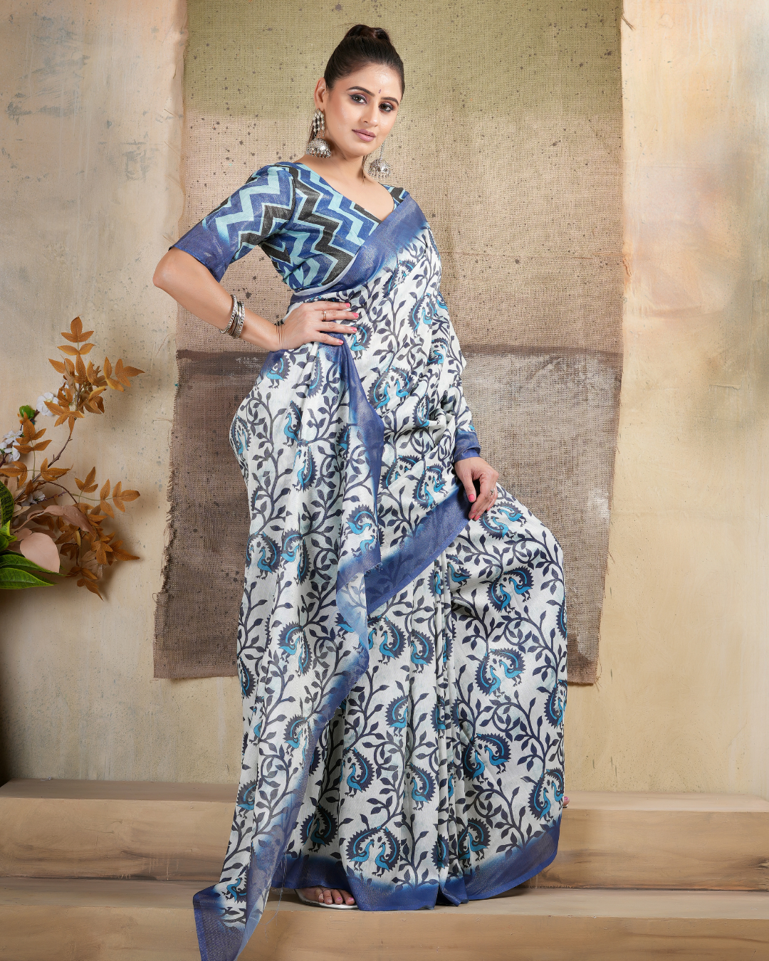 Indigo Peacock Paisley Vine Saree