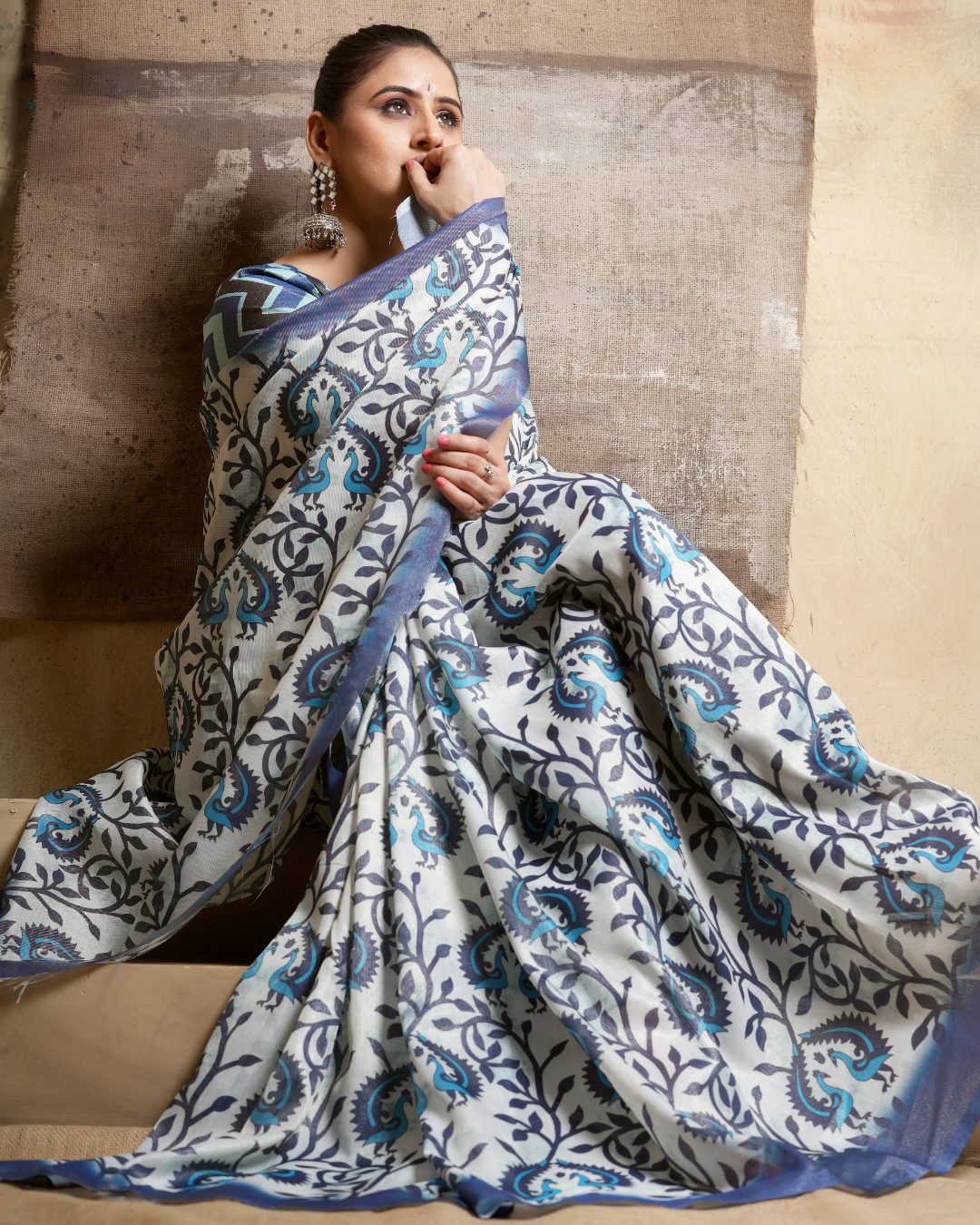 Indigo Peacock Paisley Vine Saree