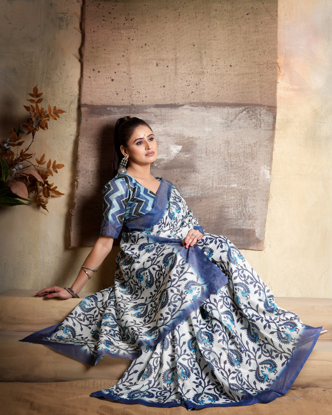 Indigo Peacock Paisley Vine Saree